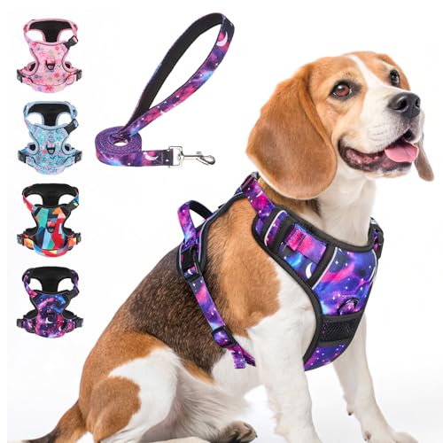 BEAUTYZOO No Pull Dog Harness and Leash Set for Medium Dogs, Adjustable Dog Vest Harnesses with 2 Metal Leash Clips, Reflective Oxford No Choke Escape Proof Step in Pet Vest with Handle, Purple M - color: Starry Sky, size: M: chest 16"-28"
