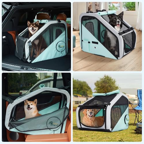 Ownpets Portable Dog Crate for Car, Collapsible Dog Travel Crate for Medium Dogs Up to 66lbs, with Seatbelt and Headrest Strap, Soft Pet Carrier for Car Back Seat, Indoor and Outdoor