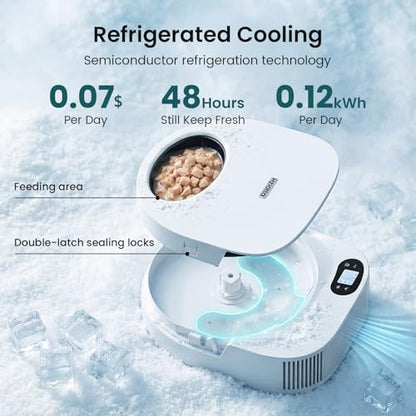 Refrigerated Automatic Cat Feeder Wet Food with Semiconductor Cooling, No Ice Packs 48H Fresh Keeping, Removable Dual-Section Tray, 4-Meal Timer for Portion Control, Work Schedules & Weekend Travel