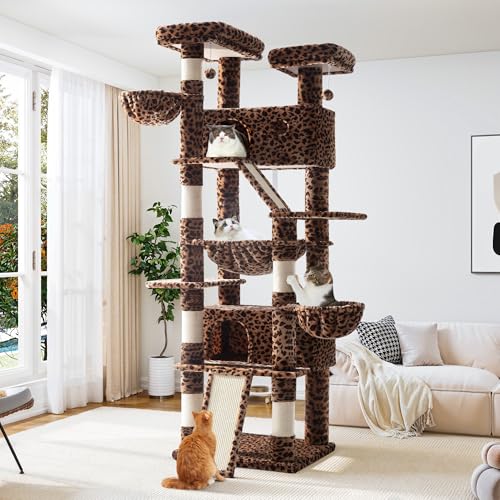 Allewie 81 Inches Tall Cat Tree/Multi-Level Large Climbing Tree House and Towers for Big Feline/Condo and Hammock/Scratching Post/Wide Base/Leopard Print - color: Leopard Print