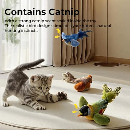 2-pack catnip cat toys that stimulate indoor cats' natural hunting instincts,Interactive plush bird toy with realistic chirping sounds to tease your cat (Brown artificial bird + green artificial bird) - color: Brown artificial bird + green artificial bird