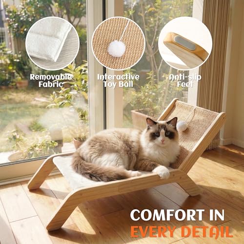 PETKARAY Beach Chair Cat Hammock, Elevated Cat Beds for Indoor Cats, Original Cozy Lounger with Sisal Scratcher and Toy Ball - color: White Plush