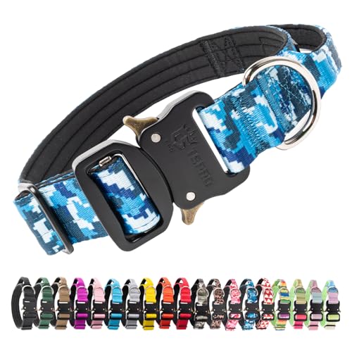 TSPRO Premium Dog Collars Tactical Dog Collar with Handle and Heavy Duty Quick-Release Metal Buckle Durable Thick and Adjustable for Medium to Large Dogs (Camo Blue M) - color: Camo Blue, size: Handle-Equipped M (14.5"-18" Adjustable)