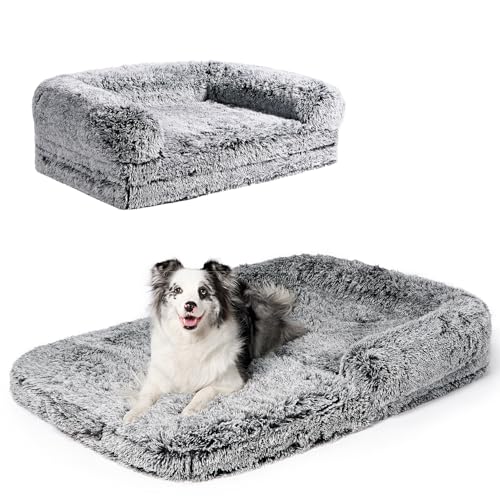 EHEYCIGA Foldable XXL Dog Bed for Large Sized Dog, 54"x38"x7.5" Faux Fur Fluffy Pet Couch Bed, Orthopedic Calming Memory Foam Big Pet Bed, Washable Pet Sofa Bed with Non-Slip Bottom, Faded Black - color: Faded Black, size: 54x38x7.5(Folded 38x27)