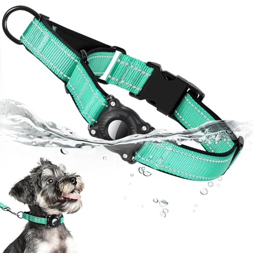 Airtag Dog Collar, Reflective Martingale Dog Collar with IP68 Waterproof Airtag Holder, Quick Release Buckle Soft Padded Collars for Large Medium Small Dogs, Green - color: Green Black, size: XL(18"-21")