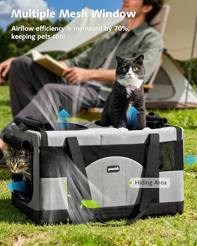 Pecute Dual Compartment Pet Carrier for Multi-Cat Families & Small Dog Owners, Collapsible Dog Crate with Reinforced Steel Frame, Car Safety Design for Travel, Vet Visits & Home Use, Gray - color: Grey