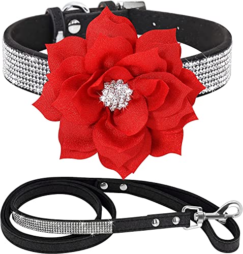 Rhinestone Bling Leather Dog Collar and Leash Set, Cute Dazzling Sparkling Soft Velvet Dog Cat Collar Crystal Diamond Puppy Collar (XS, Black) - color: Black, size: XS