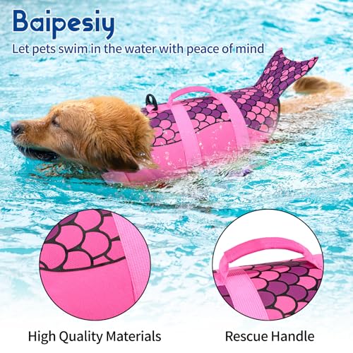 Mermaid Dog Life Jacket, Pink Ripstop Dog Life Vest for Swimming & Boating, High Buoyancy Adjustable Pet Vest with Durable Rescue Handle & D-Ring, for Small/Medium/Large Dogs (Mermaid, L) - size: Large