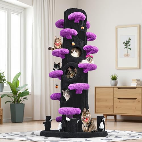 NUNU LAB Large Cat Tree for Indoor Cats, All-in-One Tall Cats Tower with Scratching Post and Plush Toys, Luxury Multi-Level Solid Wood Cat Condo for Multi-Cat Families (Purple&Black) - color: Purple & Black, size: 90" Tall