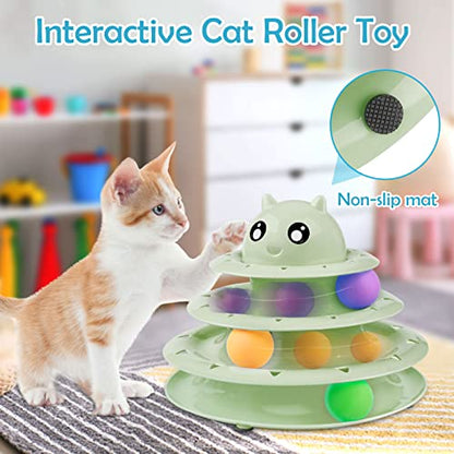 UPSKY 20 PCS Cat Toys - 3-Level Turntable Roller with Balls for Indoor Cats, Kitten Set with Teaser, Mice, Spring, and Various Ball Toys - color: B-20PCS-Fruit Green