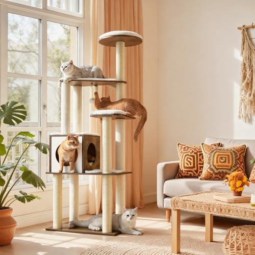 Feandrea Cat Tree, 64.6-Inch Modern Cat Tower, Multi-Level Condo with 5 Scratching Posts, Perch, Washable Removable Cushions, Cave, Rustic Brown UPCT166X01 - color: Rustic Brown