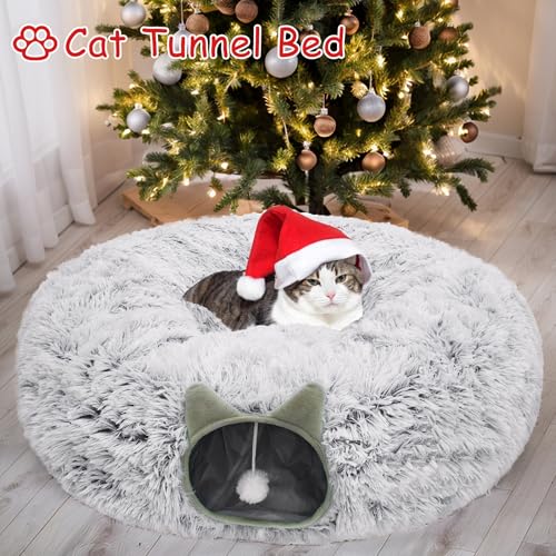 Cat Tunnel Bed for Indoor Cats, Soft Plush Donut Peekaboo Cat Cave, Multifunctional Playground Toy for Small Medium Large Cats, Kittens, Rabbits, Ferrets, with Washable Cushion(Grey) - color: Grey