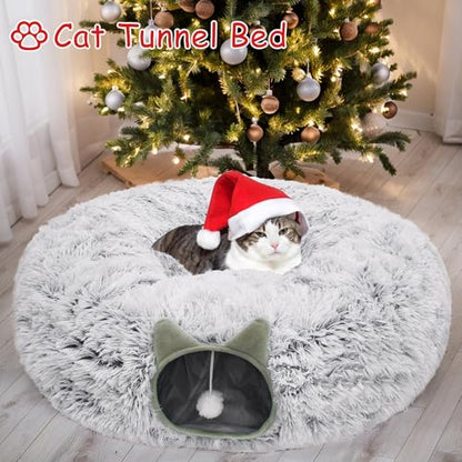 Cat Tunnel Bed for Indoor Cats, Soft Plush Donut Peekaboo Cat Cave, Multifunctional Playground Toy for Small Medium Large Cats, Kittens, Rabbits, Ferrets, with Washable Cushion(Grey) - color: Grey