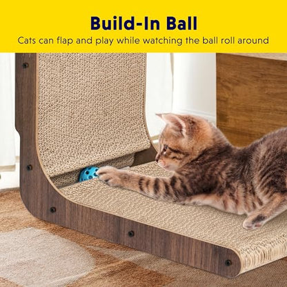 Cat Scratcher with Cat Toys Ball Track, Build-in Ball, L-Shaped Scratcher, Cardboard Lounge Bed, Stable and Durable, Furniture Protector, Reversible - color: L-Brown