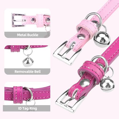 PUPTECK 2 PCS Soft Genuine Leather Cat Kitten Collar with Bells Adjustable for Girl Boy Cats Puppy, Rose Pink - color: Rose&Pink