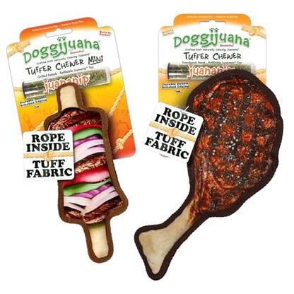 Doggijuana Cafe Combo Refillable Juananip Toy Bundle | Tomahawk Steak & Grilled Kebab | Funny Dog Toy Plush with Catnip and Refill | Interactive Chew for Play - style: Tomahawk Steak & Grilled Kebab