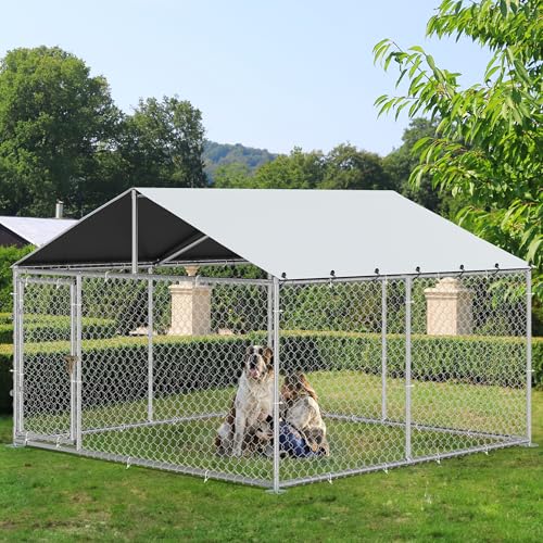 YITAHOME 10'x10' Outdoor Dog Enclosure with Metal Dog Gate, Dog Kennel Outside with Roof, Dog Fence Outdoor for Yard - color: silver, size: 10' x 10'