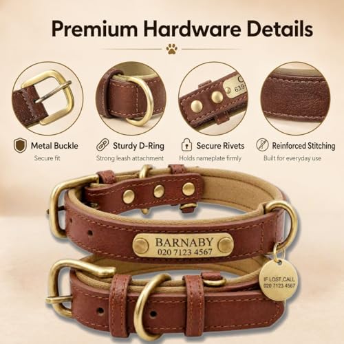 Leather Dog Collar Personalised and Leash Set, Personalized with Soft Padded Design Heavy Duty Featuring Custom Engraved Name Plate for Small Medium and Large Dogs - color: Brown collar with leash, size: S:（neck 23-32cm,width 1.5cm）