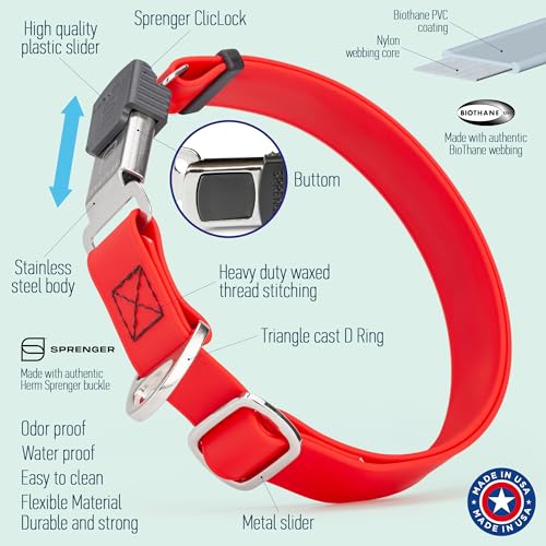 Biothane Waterproof Durable Dog Collar with Herm Sprenger - Quick Release ClicLock Buckle - Fits Medium and Large Dogs - Made in USA (Cherry Red, W 1" x L 15"-25") - color: Cherry Red, size: W 1" x L 15"-25"