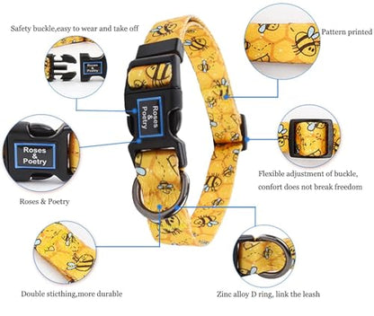 Roses&Poetry Dog Collar with Colourful Bee Patterns, Adjustable Durable Puppy Collars for Small Medium Large Dogs (Bee-XS) - color: Golden, size: XS