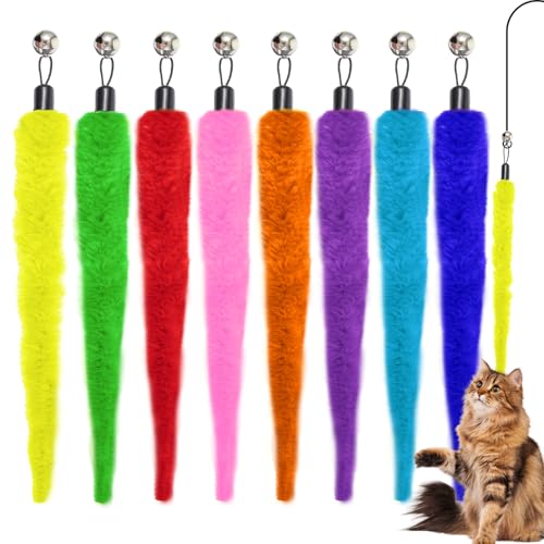 Larrel 8PCS Cat Worm Toy Replacement, Cat Wand Toy Accessories, Soft Worm Cats Toys Teaser with Bell, Fuzzy Worms Toys Attachments Replacements for Indoor Cats and Kitten (8 Colors)