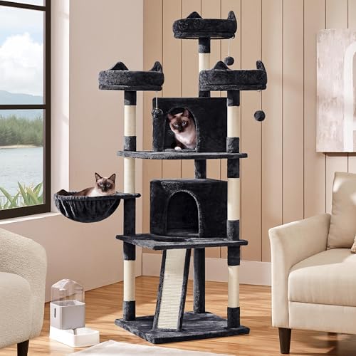 Yaheetech 68.5in Cat Tree for Large Cats, Multi-Level Cat Tower with 3 Wide Perches, Large Condo, Stable Pet Play House w/Sisal-Covered Scratching Posts & Board, Black - color: Black, size: 68.5in