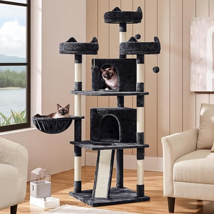 Yaheetech 68.5in Cat Tree for Large Cats, Multi-Level Cat Tower with 3 Wide Perches, Large Condo, Stable Pet Play House w/Sisal-Covered Scratching Posts & Board, Black - color: Black, size: 68.5in