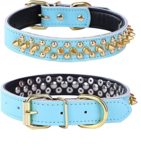 Spiked Studded Dog Collar, Genuine Leather Dog Collar, Adjustable Pet Collars for Small or Medium Pet (S, Blue-1) - color: Blue-1, size: S