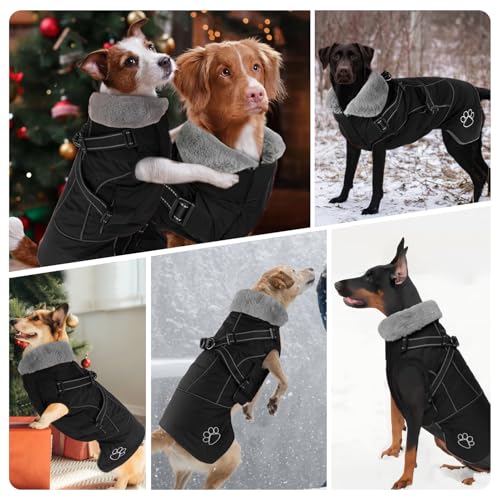 Dog Jacket Waterproof Dog Coat with Harness Built in, Christmas Puppy Winter Coat Reflective Turtleneck Puffer Snow Jackets for Small Medium Large Dogs - color: Black, size: XXX-Large