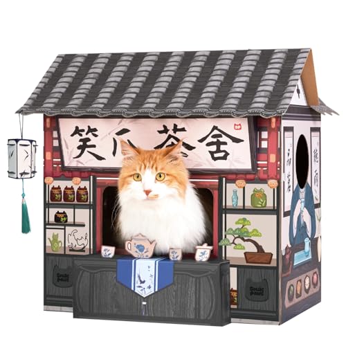 SMILE PAWS Cat Beds for Indoor Cats, Cardboard House with Scratchers, Tea House, Large Sturdy Cat Furniture Condo Cave Tent, Easy to Assemble Pet Toys Accessories Stuffs, Bunny Small Animals - style: Tea House