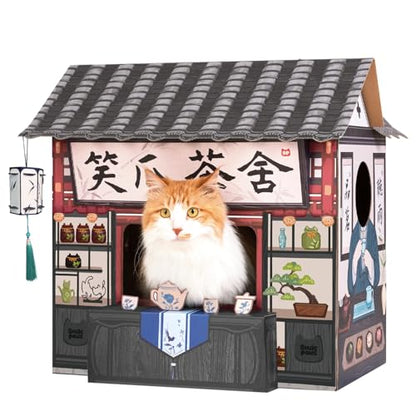 SMILE PAWS Cat Beds for Indoor Cats, Cardboard House with Scratchers, Tea House, Large Sturdy Cat Furniture Condo Cave Tent, Easy to Assemble Pet Toys Accessories Stuffs, Bunny Small Animals - style: Tea House