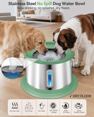 UPSKY 14L No Spill Dog Water Bowl, Stainless Steel Spill Proof Dog Bowl with Water Window, Dual-Suction Anti-Slip Large Capacity Slow Drinking Bowl with Floating Disk for Large Dogs & Messy Drinkers - color: Deep Green