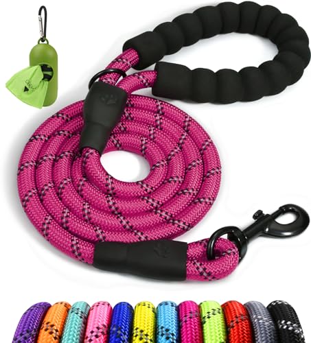 Taglory Rope Dog Leash 5 FT with Comfortable Padded Handle, Highly Reflective Threads Leash and Anti-Tangle Clip for Walking Medium Large Dogs, 1/2 inch, Hotpink - color: Hotpink, size: 1/2" x 5 FT (20~120 lbs.)