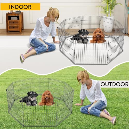 FDW 24 Inch Dog Pen 8 Panel Dog Playpen Indoor Outdoor Metal Puppy Pet Fence Portable Folding Animal Exercise Fence,Black