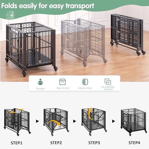 Heavy Duty Dog Crate, Indestructible Large Dog Crate with Escape Proof, High Anxiety Dog Kennel Indoor with Lockable Wheels. (38in) - size: 38in