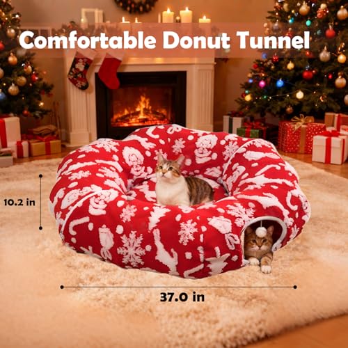 Cat Tunnel Christmas Tree Skirt for Indoor Cats with Bed,Christmas Cat Tunnel Peekaboo Cave Play Christmas Tree Cat Tunnels,Cute Cat Donut Toys Tunnel Skirt Hideout Under Tree (Red 2) - color: Red 2