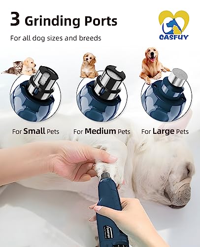 Casfuy Dog Nail Grinder Quiet - (45db) 6-Speed Pet Nail Grinder with 2 LED Lights for Large Medium Small Puppy Dogs/Cats, Professional 3 Ports Rechargeable Electric Dog Nail Trimmer with Dust Cap - color: Blue