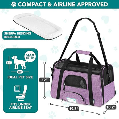 PetAmi Airline Approved Pet Carrier for Cats & Small Dogs, Soft Sided TSA Travel Carrier Bag with Sherpa Bed, Breathable Mesh Ventilation, Collapsible Bowl, Up to 18 lbs, Large Heather Purple - color: Heather Purple, size: Large - 19.5"L x 10.2"W x 12"H