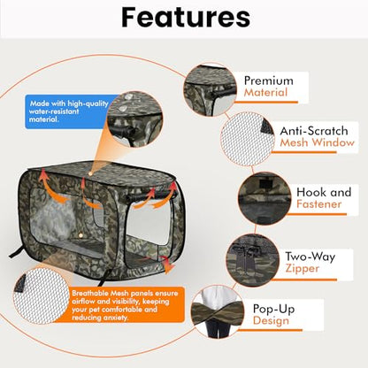Beatrice Home Fashions Portable, Collapsible, Pop Up Kennel Travel Cat and Dog Crate, 32.5" L x 19.5" W x 19.5" H, Camo Green - color: Camo Green, size: 32.5"L x 19.5"W x 19.5"H