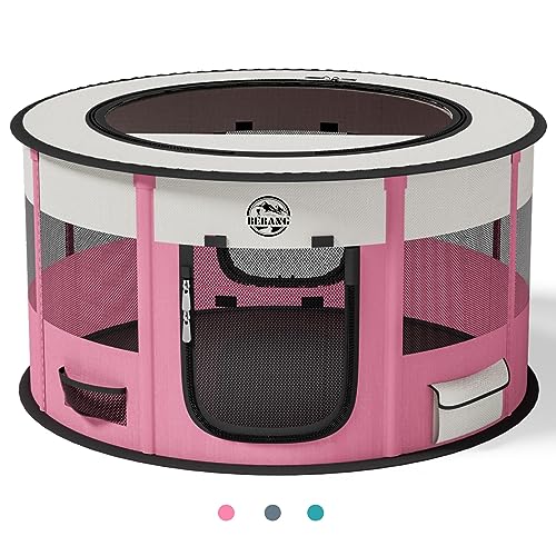 Dog Playpen Puppy Play Pen Indoors Pet Crate Small Dog Cage Portable Foldable Cat Kennel for Kitten Hamster Rabbit Bunny Guinea Pig with Collapsible Food Bowl Carrying Case - color: Pink, style: L