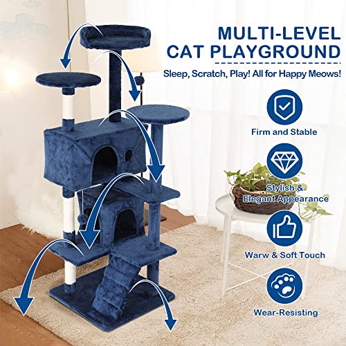 Cat Tree, 54'' Tall with 3 Scratching Posts, 3 Platforms, 2 Condos, for Indoor Cats - color: Navy Blue