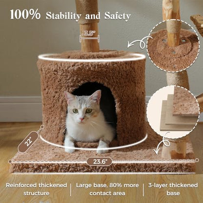 MUTTROS 59" Cat Tree Tower with Real Solid Wood Natural Branch, Modern Cat Tree for Large Cats w/3 Handwoven Wicker Baskets- Luxury Boho Cat Furniture w/Condo & Soft Hammock, Scratching Post, Brown - color: Brown, size: 59" Solid Wood Cat Tree