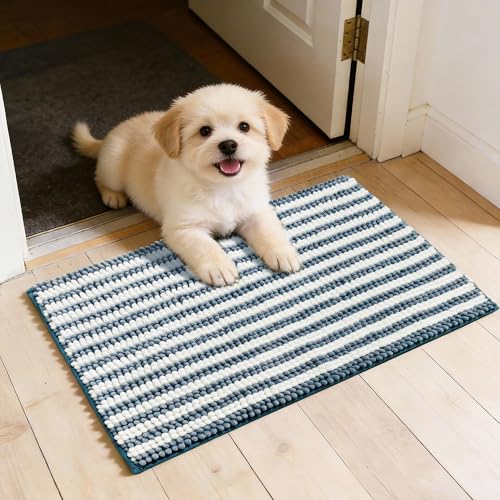 Dog Door Mat for Muddy Paws - Absorbent Quick-Dry Non-Slip Washable Chenille Pet Rug, Indoor Entryway Mat for Front Door & Crate (Blue, 24" L*16" W) - color: Blue, size: 24"L*16"W