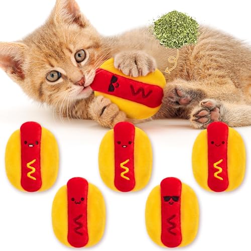 Hot Dog Catnip Stuffed Toys for Cats - 5Pcs Pet Days Funny Kitten Toys Indoor Yellow Interactive Pet Supplies, Kitten Chew Bite Tools Cat Lovers Gifts, Organic Eco-Friendly Birthday Present - style: Funny Hotdog