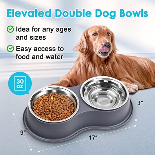 Epetslove Dog Bowls Large Double Dog Water and Food Bowls Stainless Steel Bowls with Non-Slip Resin Station, Pet Feeder Bowls Food Dish for Small Medium Large Dogs Cats - color: 4.Grey, size: Large-34oz