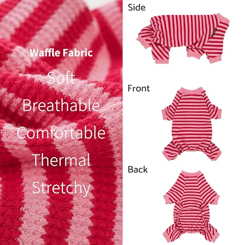 Fitwarm Pink and Red Striped Dog Pajamas, Waffle Dog Clothes for Small Dogs Girl Boy, Puppy Onesie with Feet, Pet Cat Outfit, XL - color: LightPink, size: X-Large