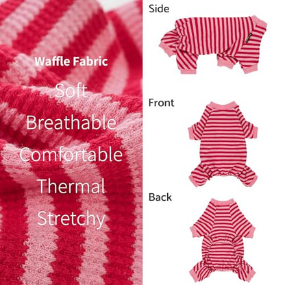Fitwarm Pink and Red Striped Dog Pajamas, Waffle Dog Clothes for Small Dogs Girl Boy, Puppy Onesie with Feet, Pet Cat Outfit, XS - color: LightPink, size: X-Small