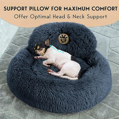 PetJett Small Dog Bed - 23'' Round Dog Beds, Calming Puppy Bed - Washable Dog Bed - Anti-Slip, Super Soft Fluffy Plush Faux Fur Pet Bed, Anti-Anxiety Premium Comfort Donut Bed, Fits Dogs Upto 25 lbs - color: Dark Gray, size: Small - 23”L x 23”W x 8”Th