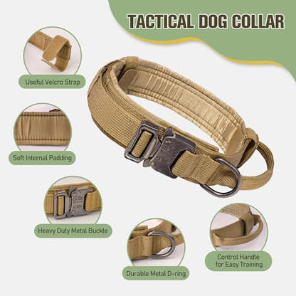 Tactical Dog Harness for Large Dog, Dog Collar and Bungee Leash Set No-Pull Military Dog Harness - Walking Training Gear for Large Dogs, Adjustable for Medium,Chest 21.5"-45", Khaki