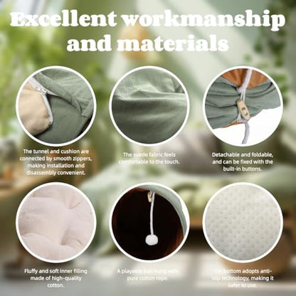 VelvetPaw 2-in-1 Foldable Matcha Bunny Tunnel & Pet Cushion Bed | Collapsible Hideout Toy with Removable Washable Soft Pad | Ideal for Rabbits, Bunnies & Kittens - Indoor Rest, Exercise & Play - color: Matcha